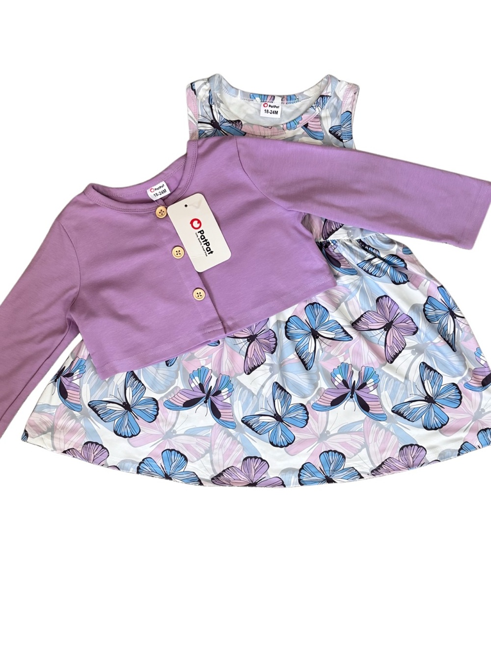 PatPat Lilac Cardigan and Butterfly Print Dress Set